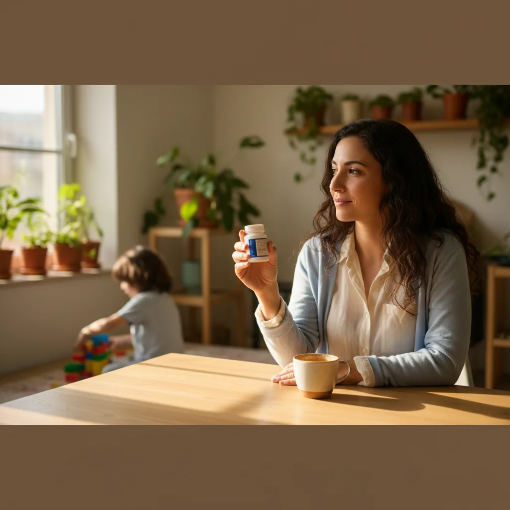 הורה מתבונן בבקבוק תרופות על שולחן המטבח, עם ילד משחק ברקע